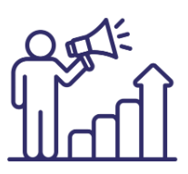 Icon of a person with a megaphone next to a rising bar chart